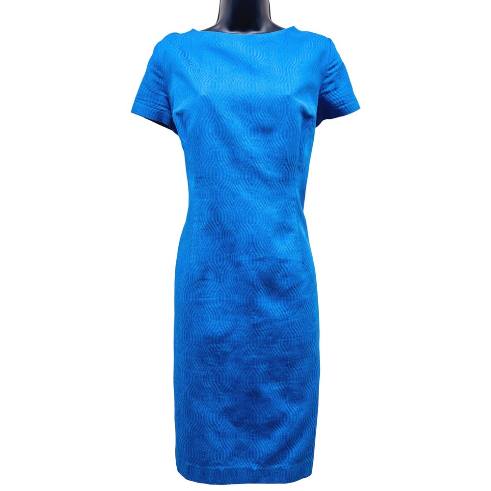 Talbots Womens Blue Cotton Jacquard Textured Sheath Dress Size 16 Boat Neck